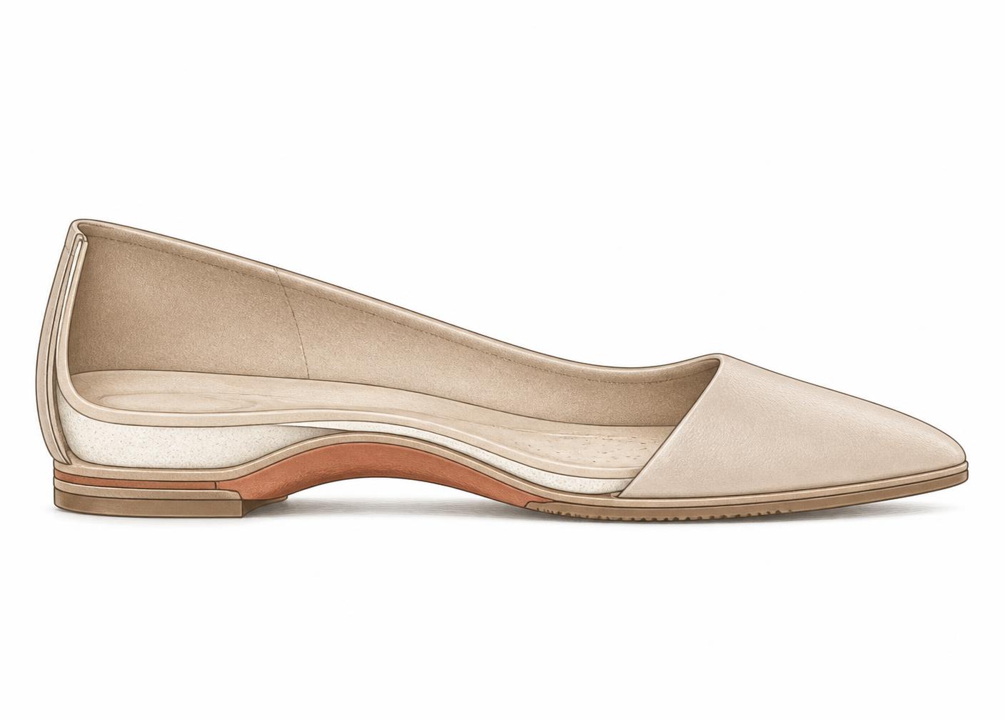 Cross-section of a SHAN flat showing the cushioned insole, arch structure, flexible outsole and microfiber leather upper