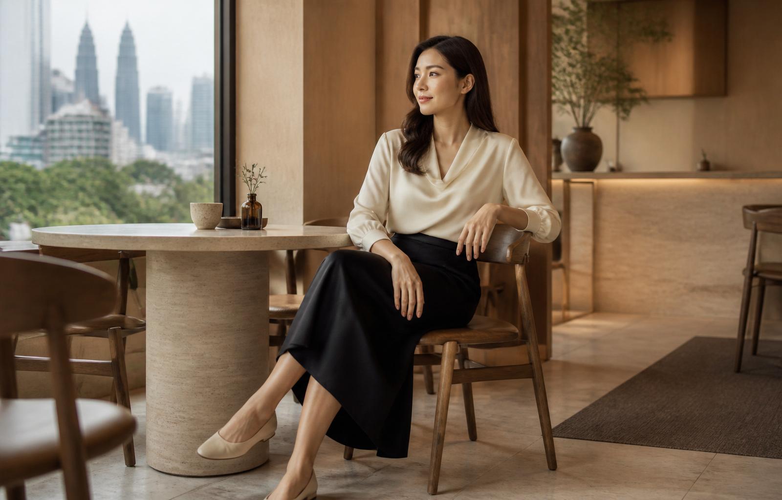 A woman at a minimalist Kuala Lumpur cafe, dressed in an ivory blouse and structured black skirt, wearing SHAN flats.
